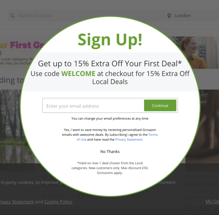 Groupon marketing example of their sign up pop up