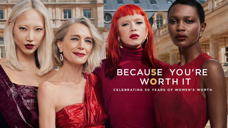 L'Oreal marketing hook example of an ad with the slogan 'because you're worth it' showing four women